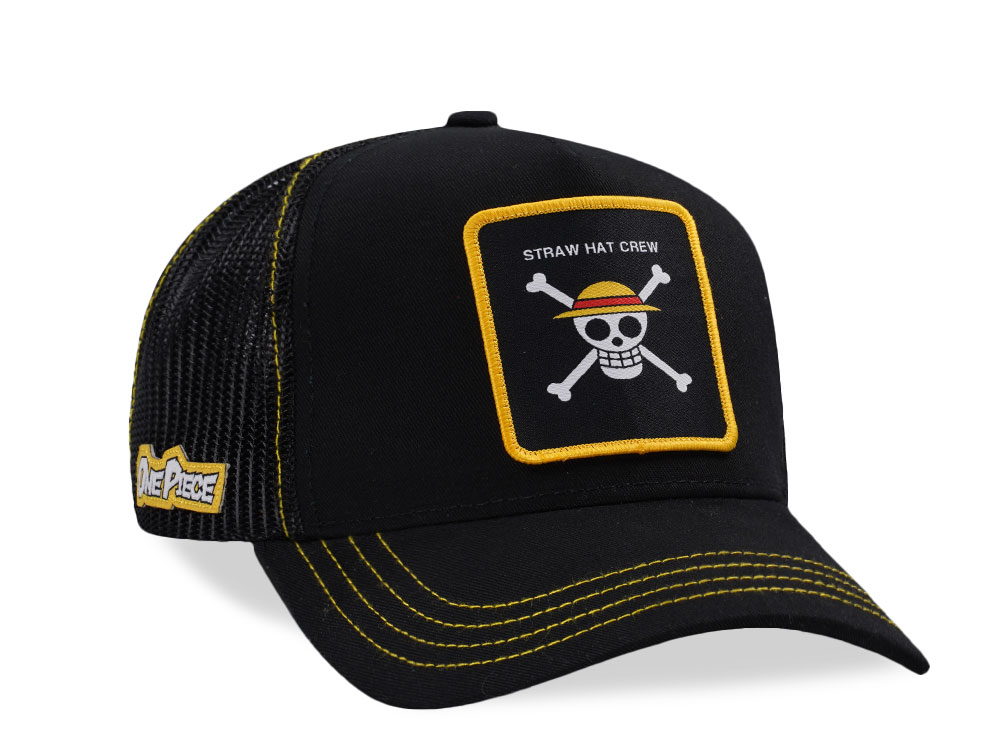 Capslab One Piece Straw Hat Crew Flag Black Trucker Snapback Cap