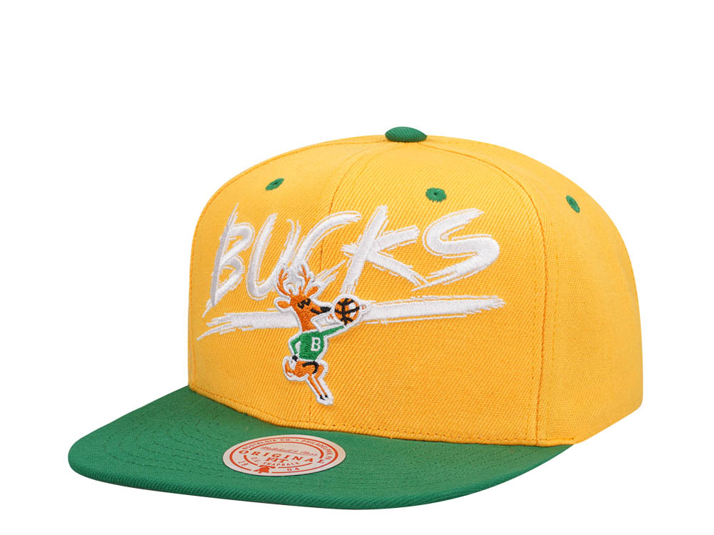 Mitchell & Ness Milwaukee Bucks Transcript Yellow Two Tone Snapback Cap