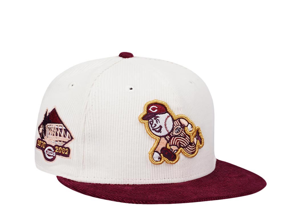 New Era Cincinnati Reds Riverfront Stadium Cream Merlot Two Tone Corduroy Edition 59Fifty Fitted Cap